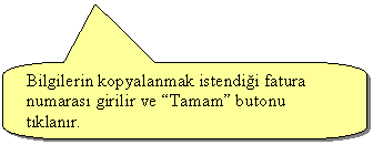 Keleri Yuvarlanm Dikdrtgen Belirtme izgisi: Bilgilerin kopyalanmak istendii fatura numaras girilir ve Tamam butonu tklanr.